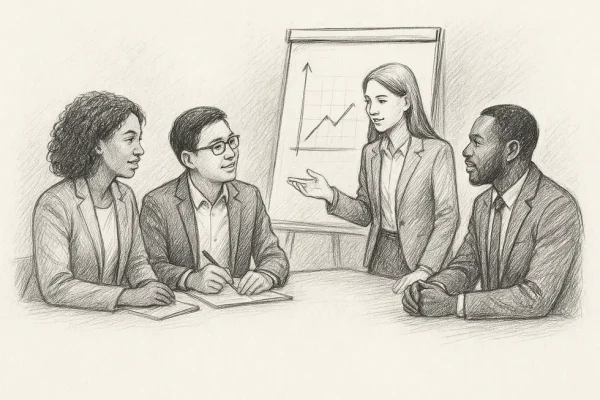 A diverse team of business professionals collaborating on change management strategies.