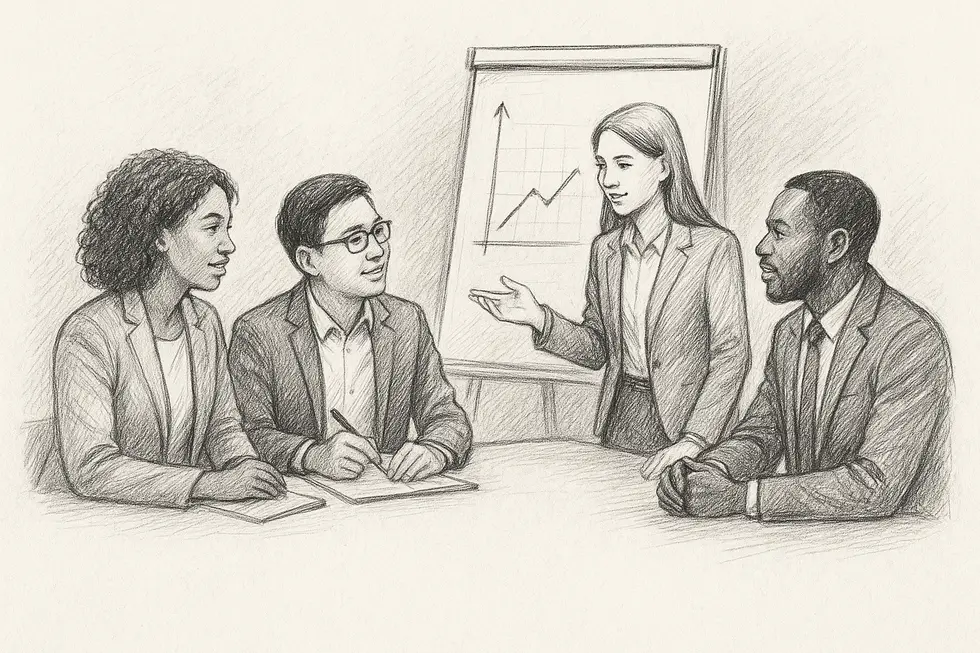A diverse team of business professionals collaborating on change management strategies.