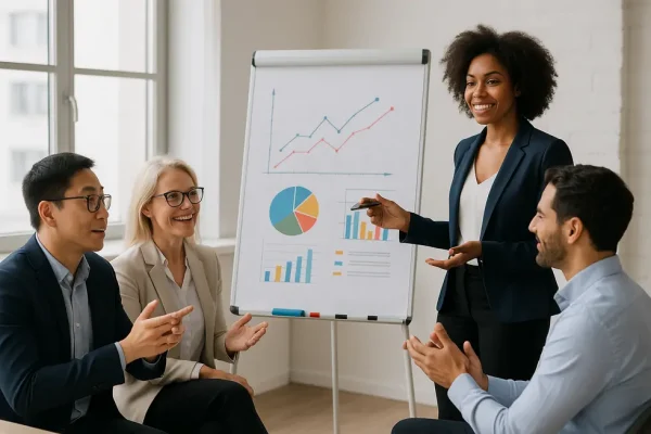Corporate professionals practicing presentation skills in a collaborative training session.