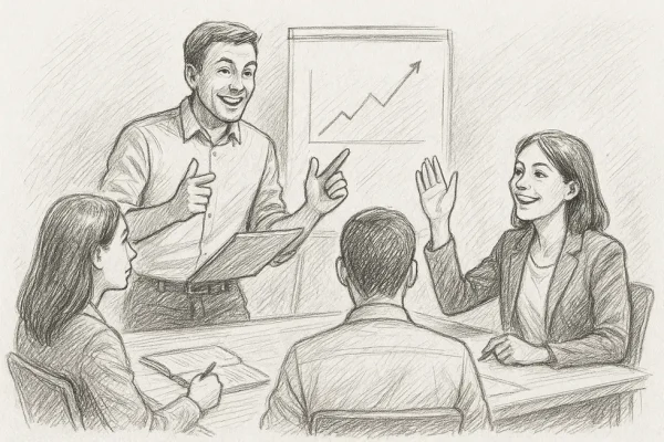 Hình ảnh buổi huấn luyện, với không khí năng động và sự tương tác tích cực giữa coach và nhân viên.