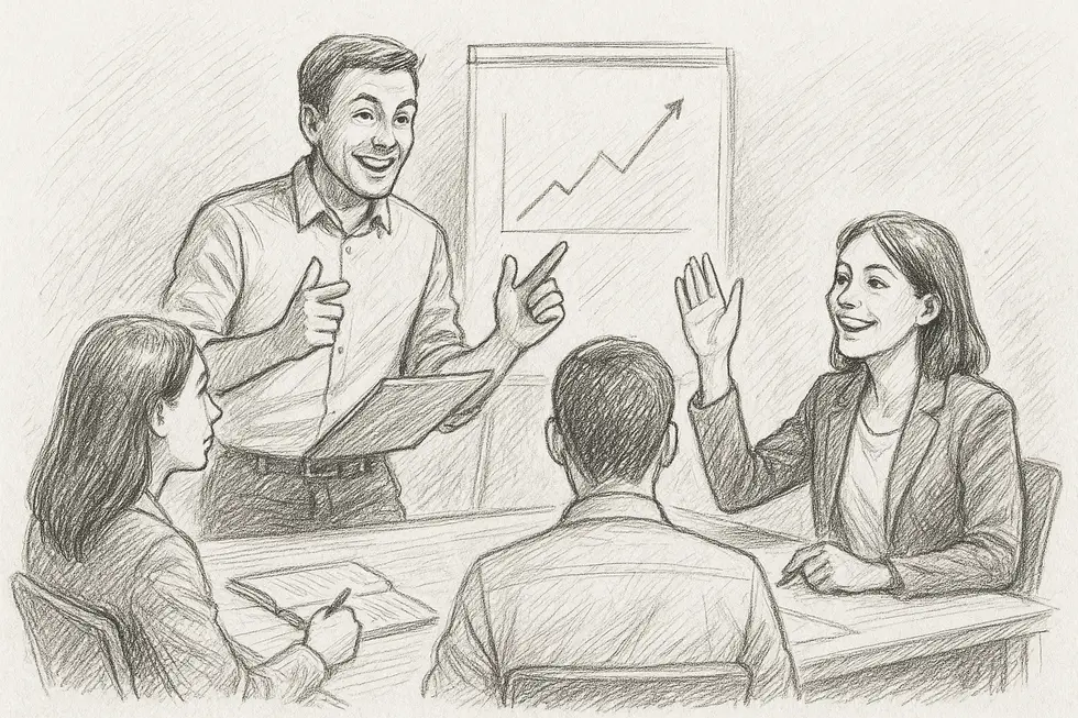 Hình ảnh buổi huấn luyện, với không khí năng động và sự tương tác tích cực giữa coach và nhân viên.