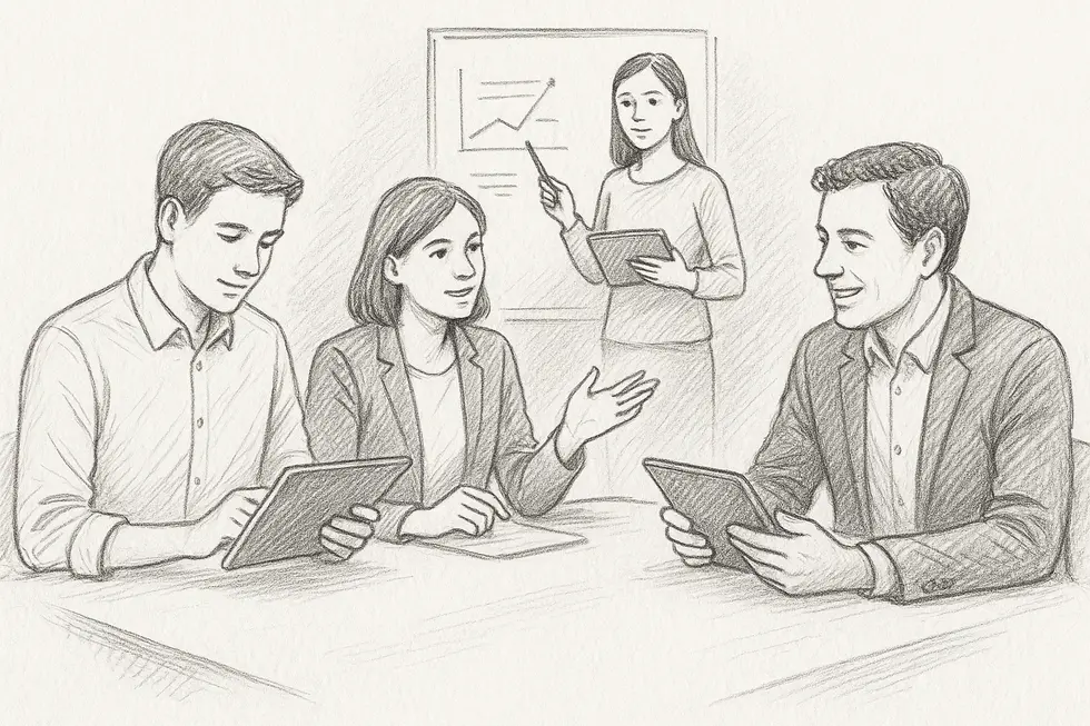 Nhóm nhân viên tham gia buổi coaching để thiết lập mục tiêu và nhận phản hồi.