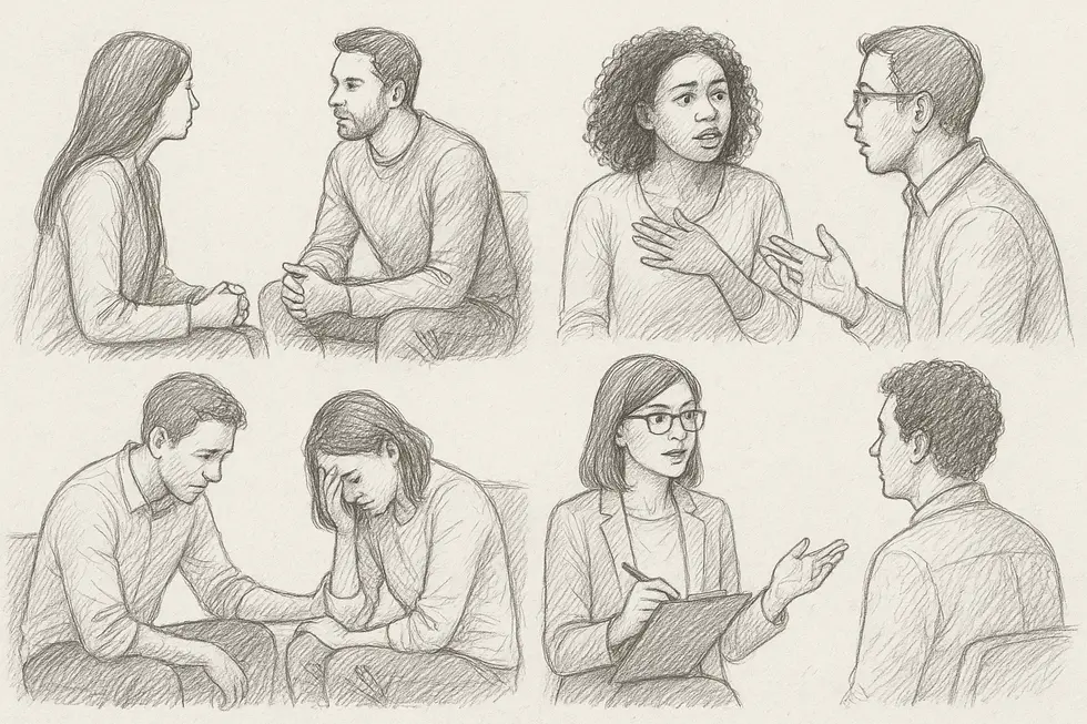 Collage showing active listening, open questions, and feedback in coaching.