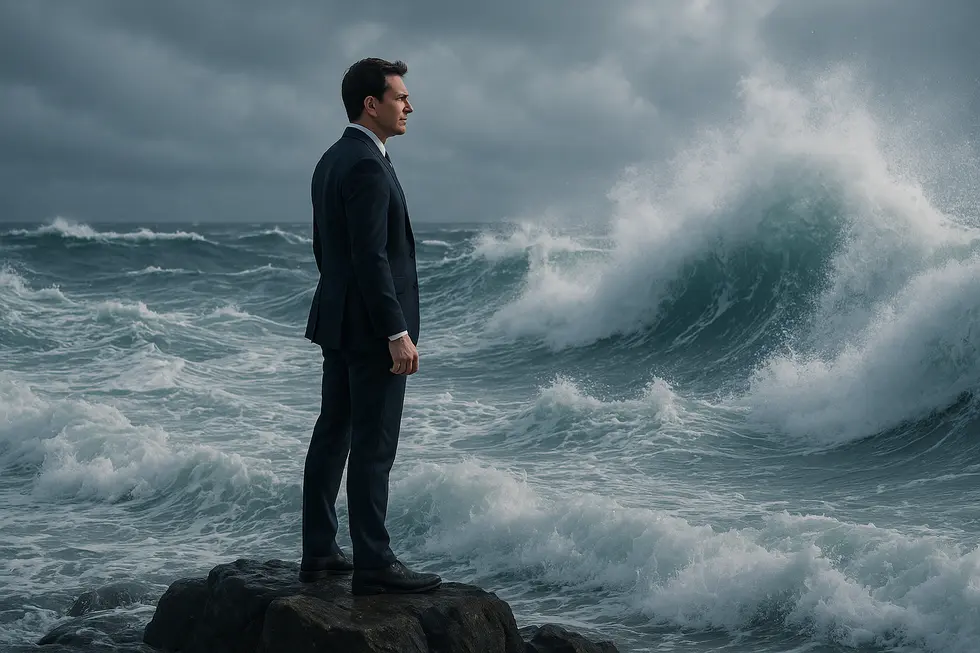 A leader standing strong amidst a storm, embodying strategic vision.