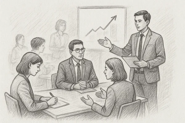 Managers participating in a leadership skills training session, shown in a professional setting.