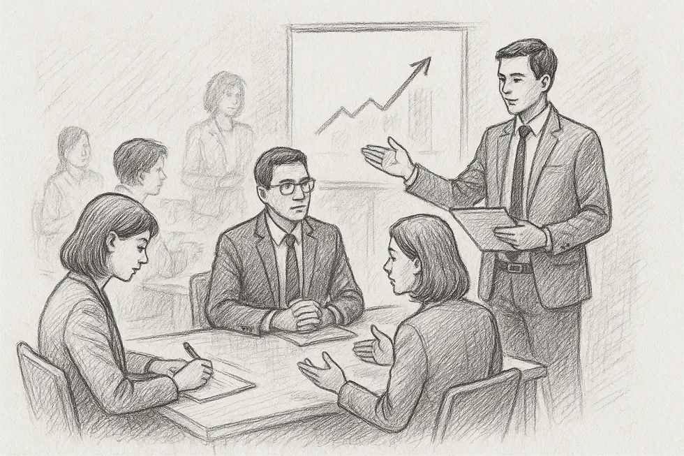 Managers participating in a leadership skills training session, shown in a professional setting.