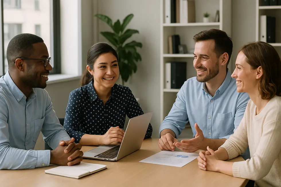 A diverse group of employees in a harmonious office setting, promoting peace and cooperation.