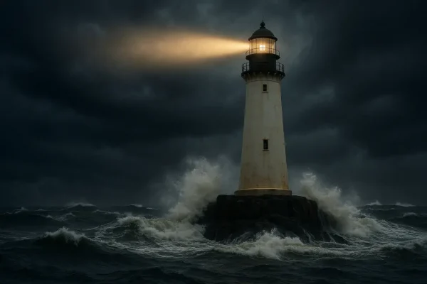A lighthouse illuminating a path for ships in a stormy sea, representing leadership and guidance.