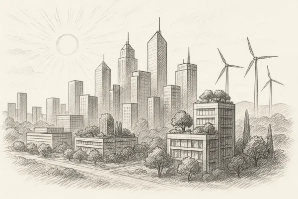 City skyline with green spaces and renewable energy features.