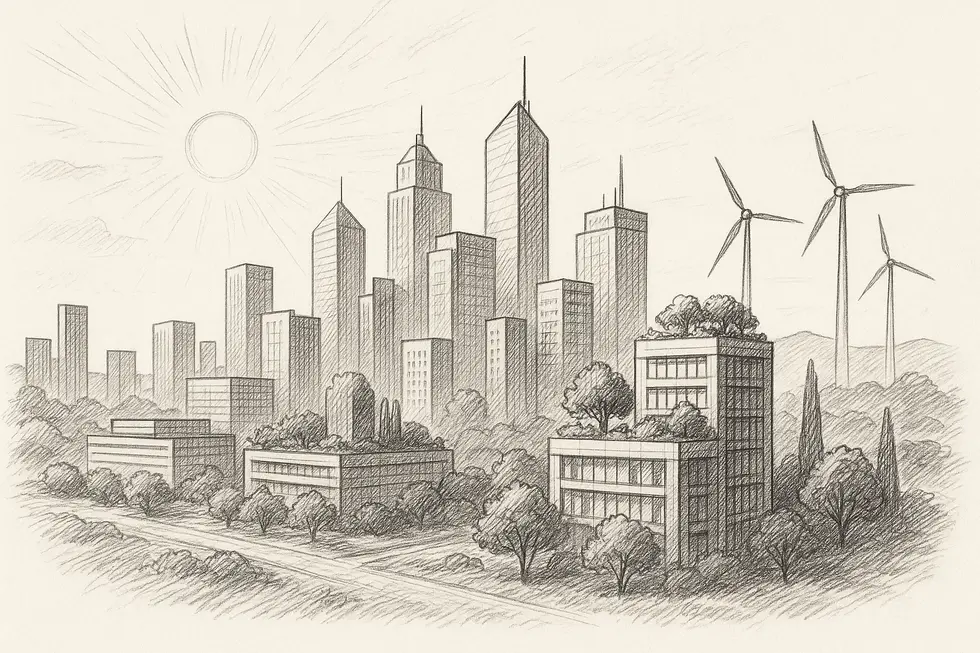 City skyline with green spaces and renewable energy features.