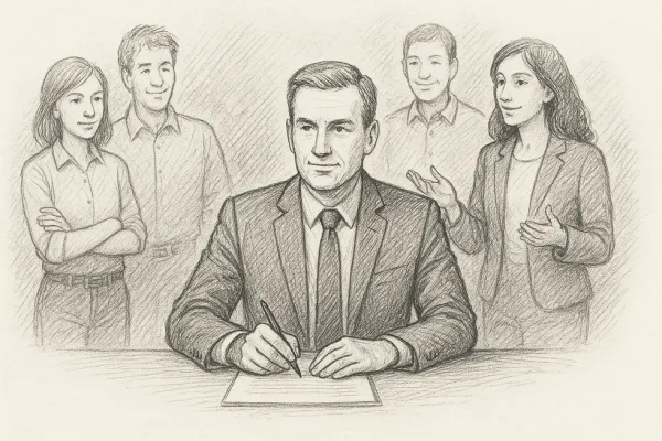 Executive making a decision with supportive team members.