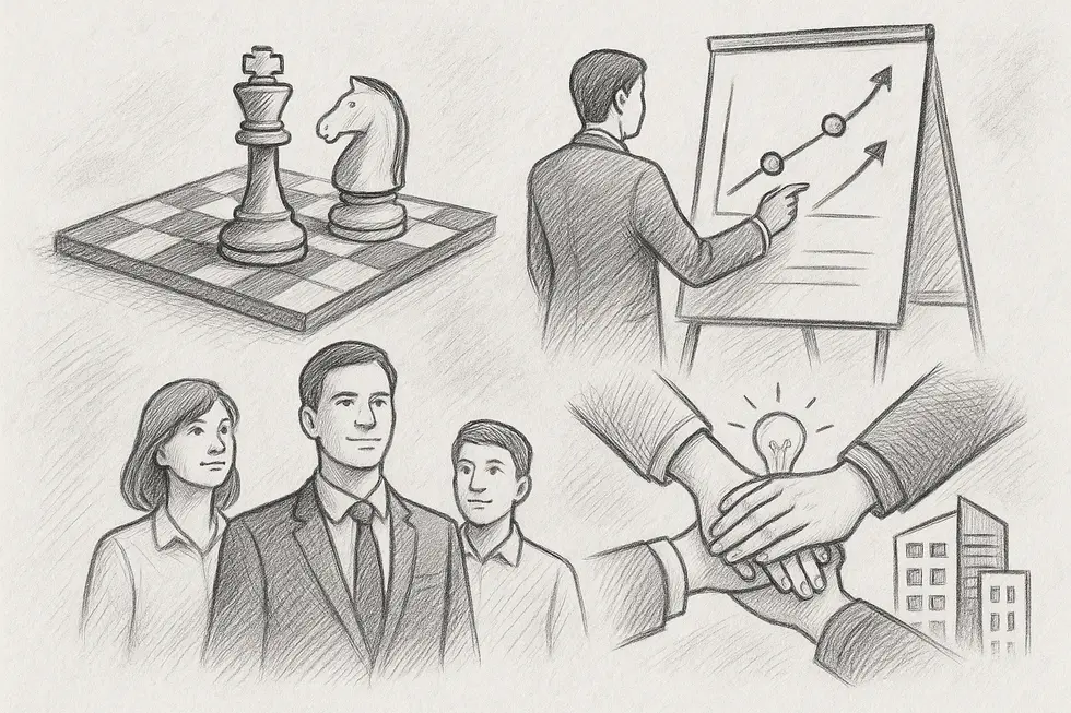 A visual collage of strategic planning, structured training, and corporate culture elements.