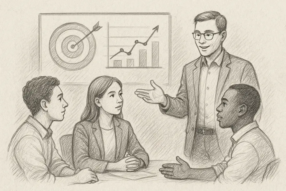 Nhóm nhân viên tham gia buổi coaching để thiết lập mục tiêu và nhận phản hồi.