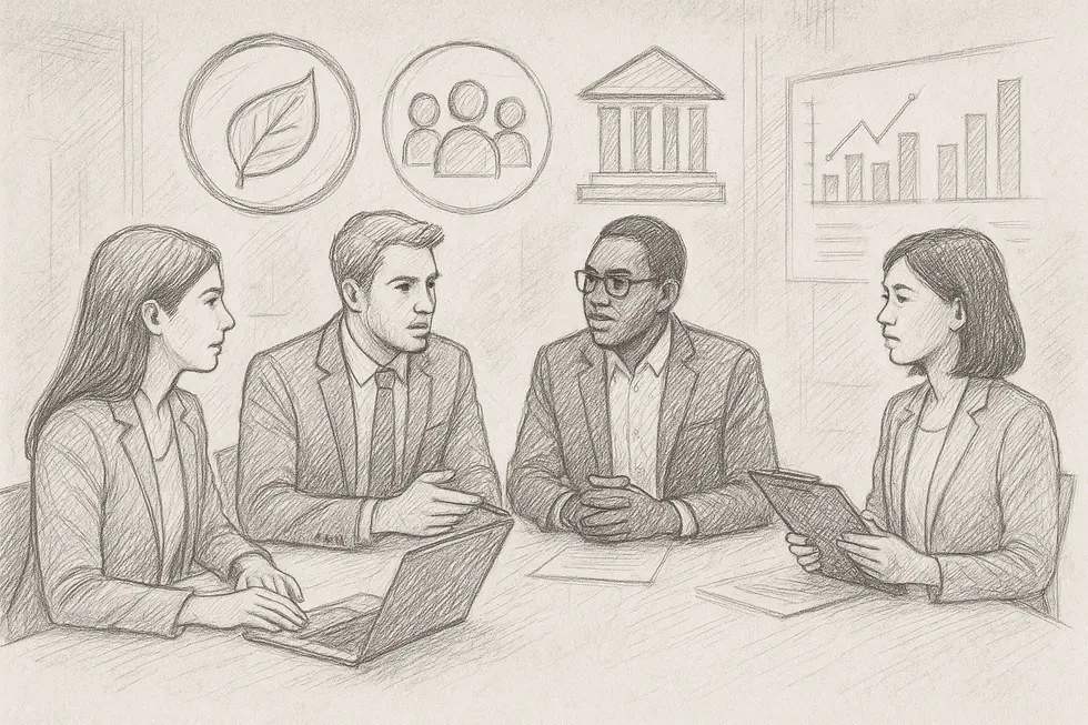 A team discussing ESG integration strategies in a business setting.