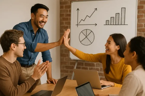 Giảng viên và học viên trong buổi học sôi nổi với công nghệ và biểu đồ.