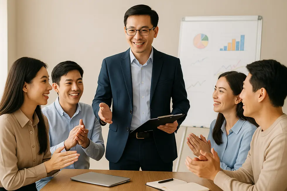 Nhóm học viên đang tham gia buổi huấn luyện cùng giảng viên, với tập trung vào tài liệu được trình bày.