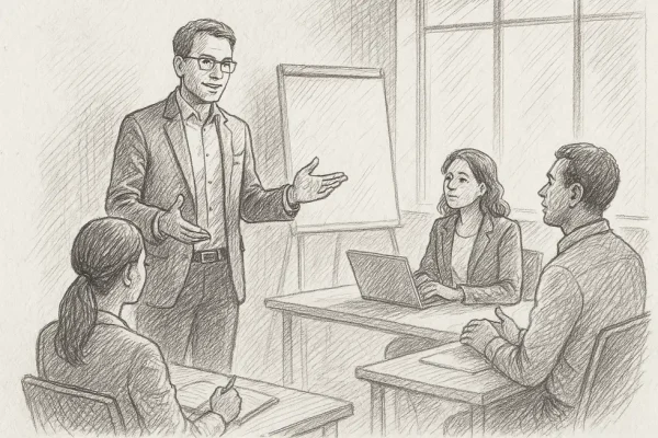 Nhà quản lý giảng dạy tư duy chiến lược cho nhóm.