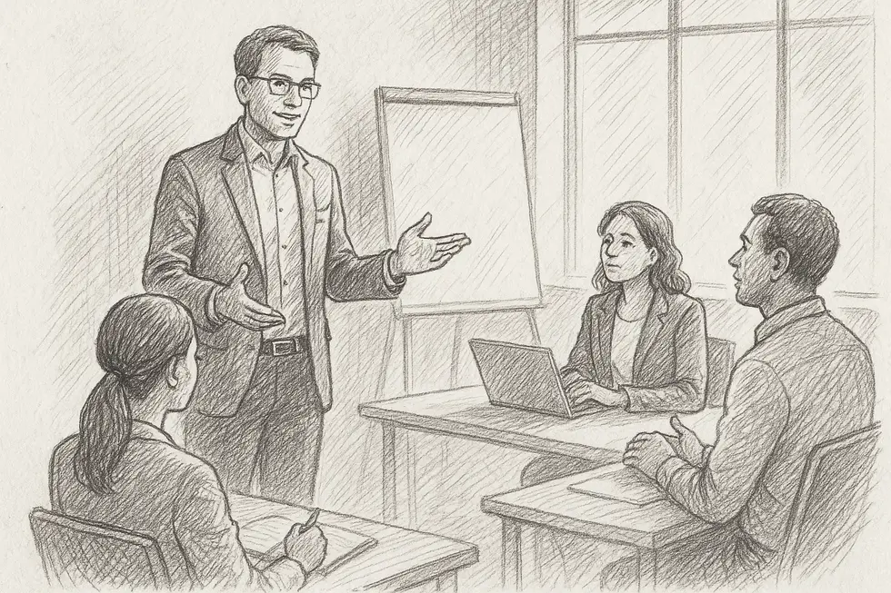 Nhà quản lý giảng dạy tư duy chiến lược cho nhóm.