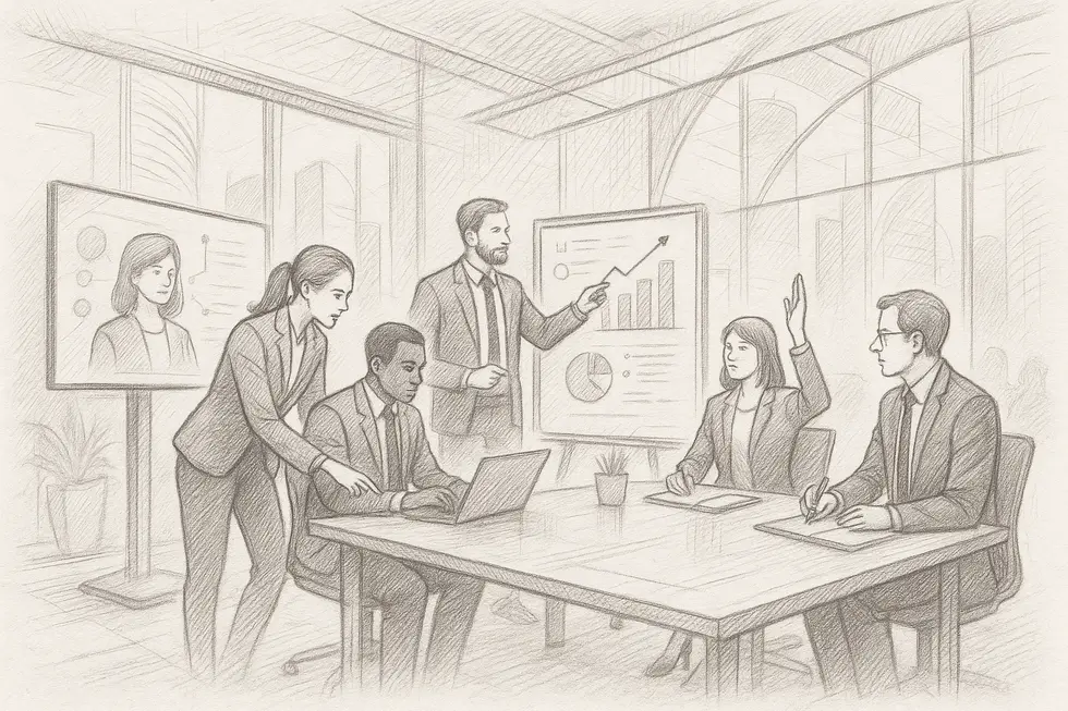 Dynamic office environment with professionals engaged in coaching.