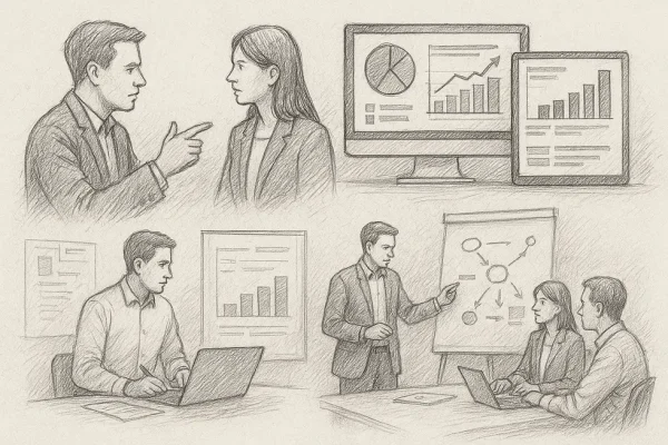 Collage showing aspects of performance review: discussions, software, and planning.
