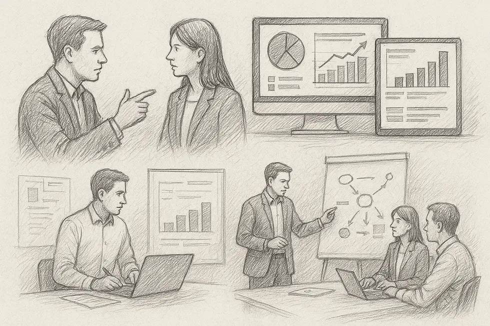 Collage showing aspects of performance review: discussions, software, and planning.