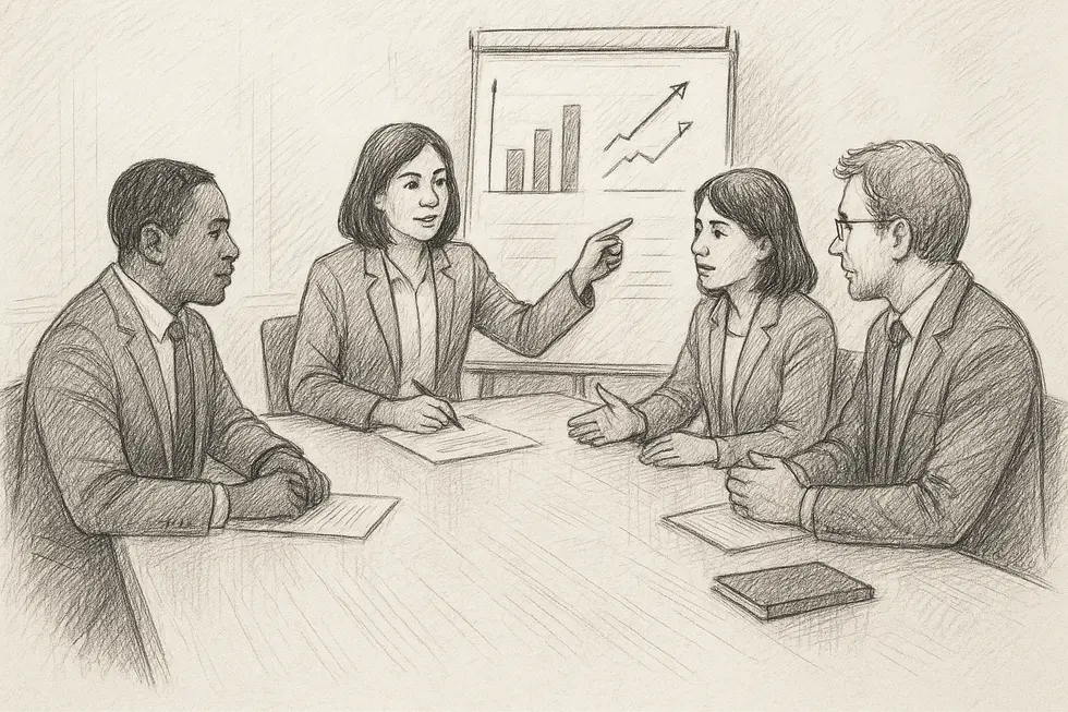 Managers engage in a strategic meeting focused on performance evaluation and feedback strategies.
