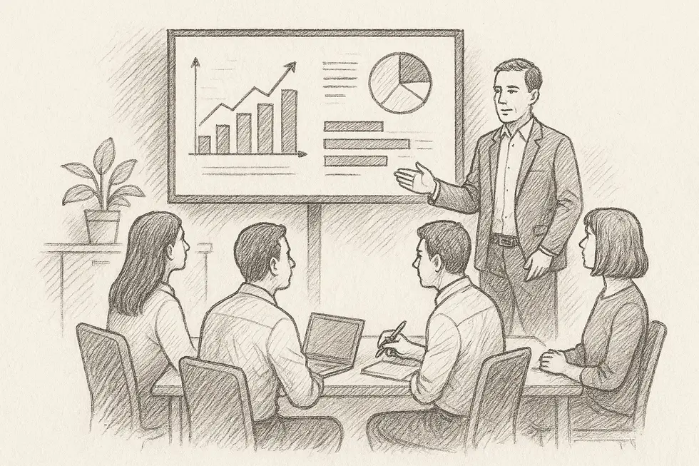 Managers engage in a strategic meeting focused on performance evaluation and feedback strategies.