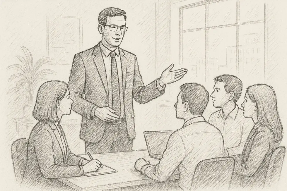 Nhà quản lý hướng dẫn đội ngũ qua kỹ năng mềm vững vàng.