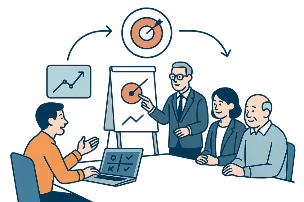 Hình ảnh mô tả quá trình kèm cặp thực chiến giữa quản lý và nhân viên cùng xây dựng mục tiêu, phản hồi và phát triển cá nhân.