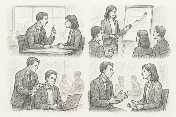 Collage image of various coaching sessions showing interaction in a corporate setting.