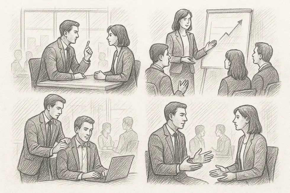 Collage image of various coaching sessions showing interaction in a corporate setting.