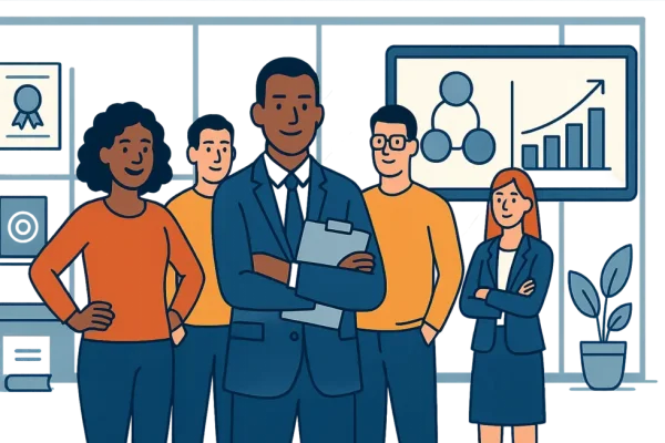 Tập thể doanh nghiệp cùng coach trong không gian hiện đại, thể hiện văn hóa coaching chuyên nghiệp.