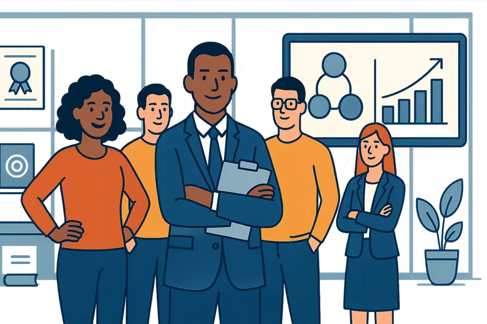 Tập thể doanh nghiệp cùng coach trong không gian hiện đại, thể hiện văn hóa coaching chuyên nghiệp.