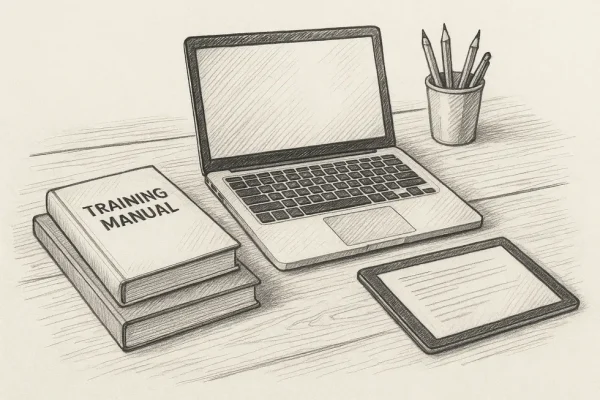 Bàn làm việc với các tài liệu và thiết bị kỹ thuật số cho đào tạo.