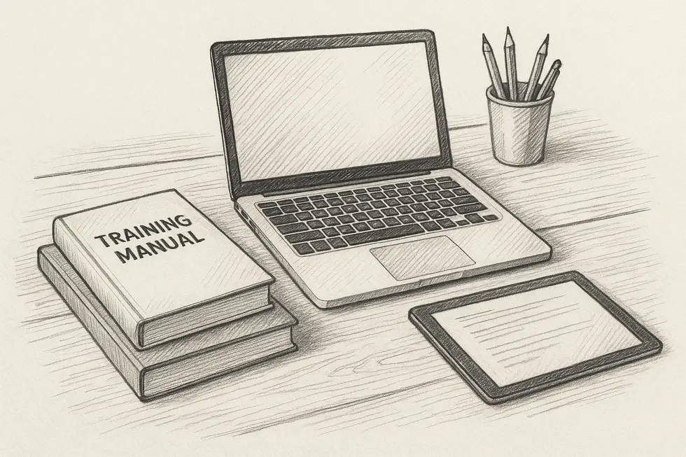 Bàn làm việc với các tài liệu và thiết bị kỹ thuật số cho đào tạo.