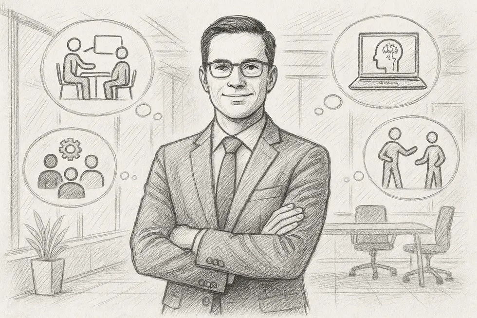 Trainer giữa văn phòng hiện đại với các biểu tượng kỹ năng và công nghệ.