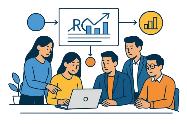 Nhóm người trong văn phòng đang thảo luận và nghiên cứu số liệu ROI đào tạo.