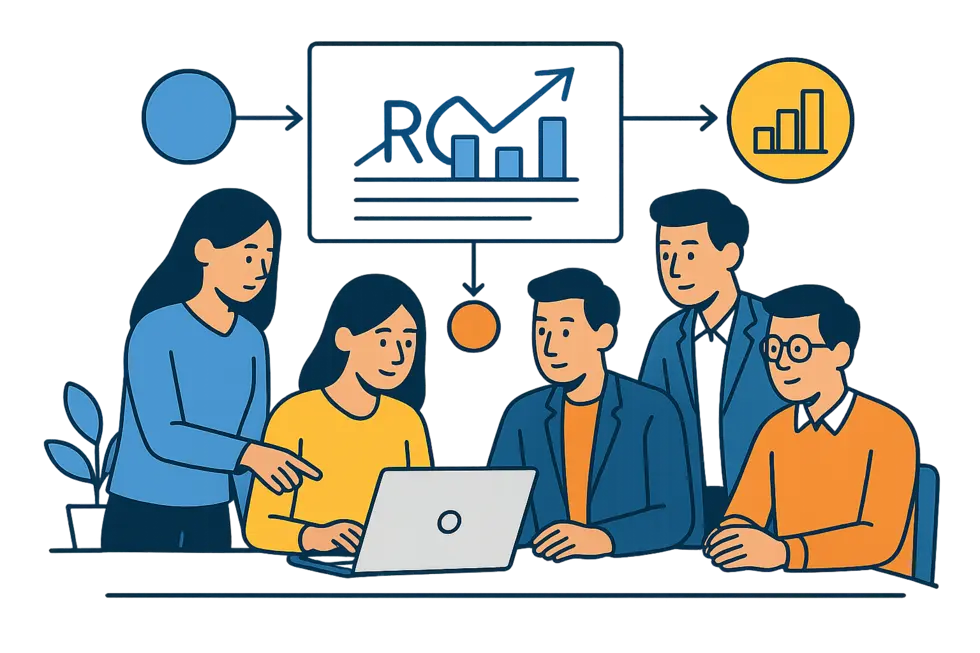 Nhóm người trong văn phòng đang thảo luận và nghiên cứu số liệu ROI đào tạo.
