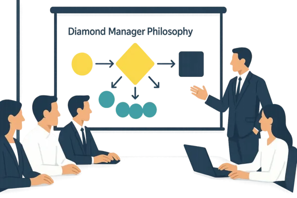 Hình ảnh phòng họp với slide thuyết trình về triết lý 'Diamond Manager'.