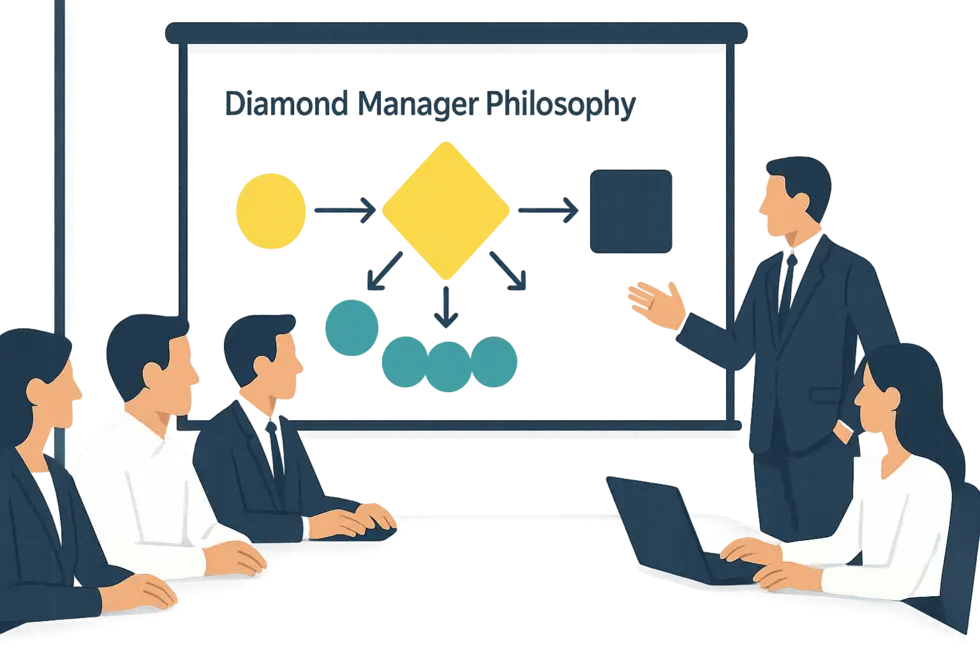 Hình ảnh phòng họp với slide thuyết trình về triết lý 'Diamond Manager'.