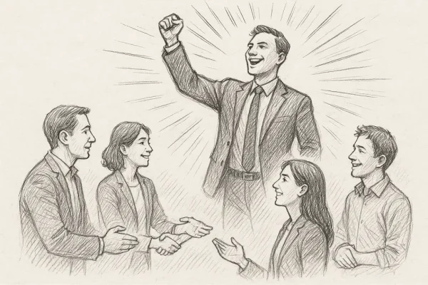 A manager transforming into a leadership role surrounded by a team.