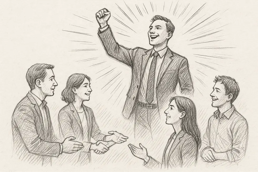 A manager transforming into a leadership role surrounded by a team.