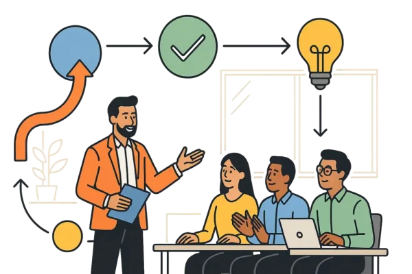 Trainer In-house dẫn dắt buổi đào tạo nội bộ, nhân viên các phòng ban hăng hái tham gia.