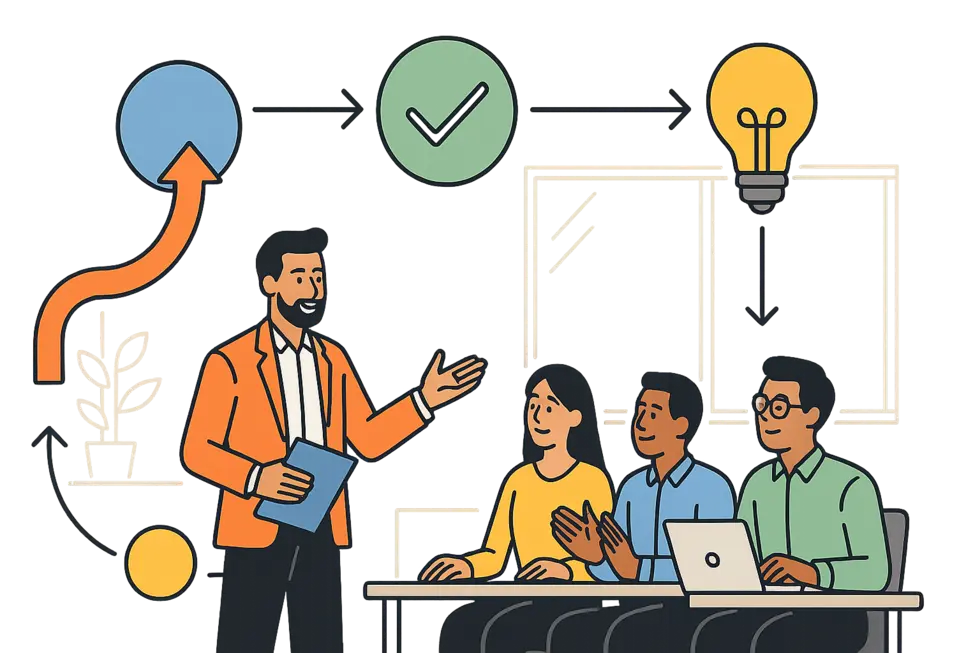 Trainer In-house dẫn dắt buổi đào tạo nội bộ, nhân viên các phòng ban hăng hái tham gia.