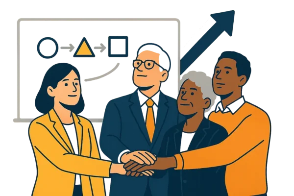 Đội ngũ lãnh đạo đặt tay cùng nhau, biểu tượng cho quyết tâm dẫn dắt sự thay đổi tổ chức.