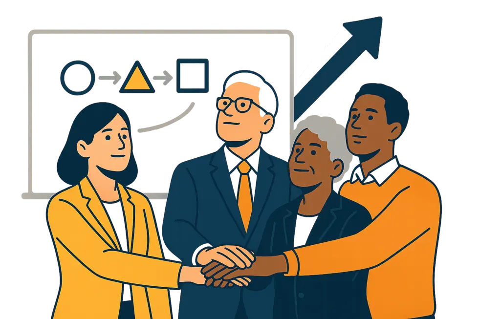 Đội ngũ lãnh đạo đặt tay cùng nhau, biểu tượng cho quyết tâm dẫn dắt sự thay đổi tổ chức.