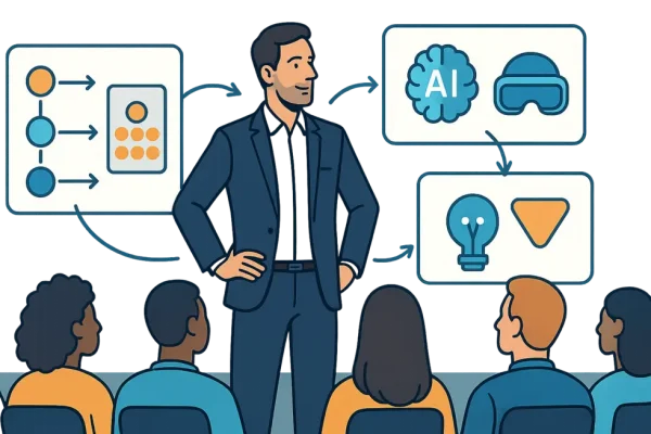 Trainer đứng trước lớp học hiện đại, xung quanh là màn hình số và ý tưởng công nghệ tiên tiến.