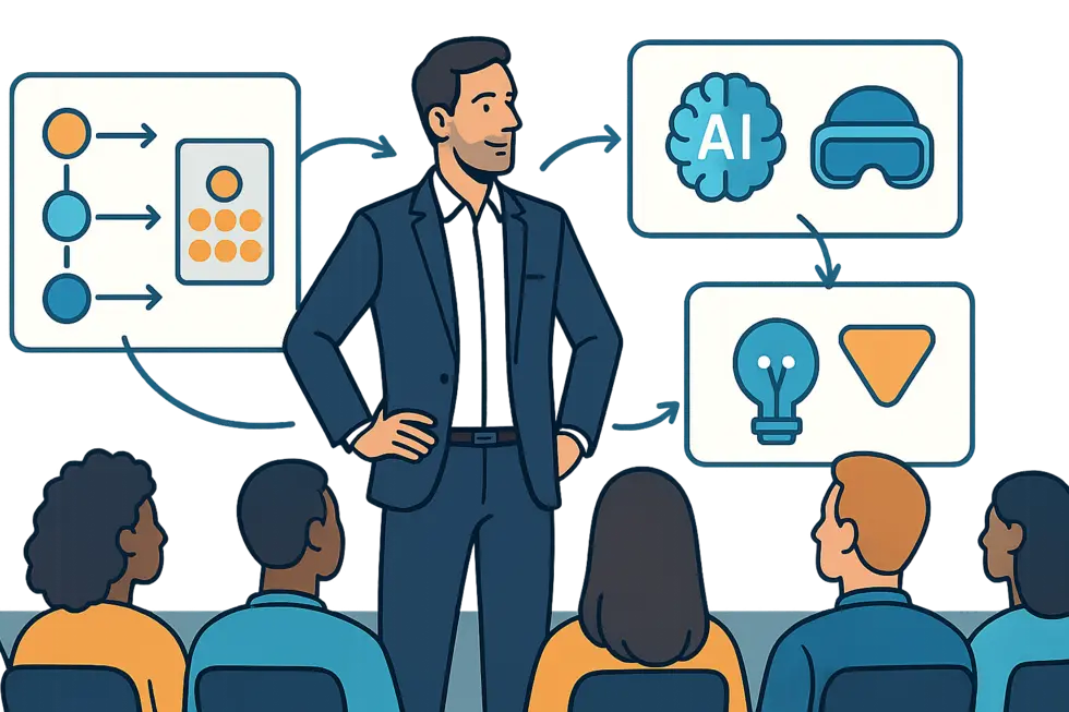 Trainer đứng trước lớp học hiện đại, xung quanh là màn hình số và ý tưởng công nghệ tiên tiến.