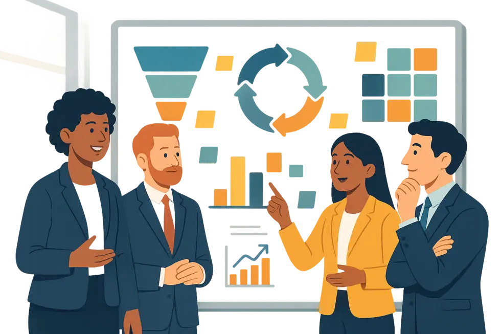 Sơ đồ các mô hình dẫn dắt thay đổi được trình bày trong buổi thảo luận chiến lược đội ngũ quản lý.