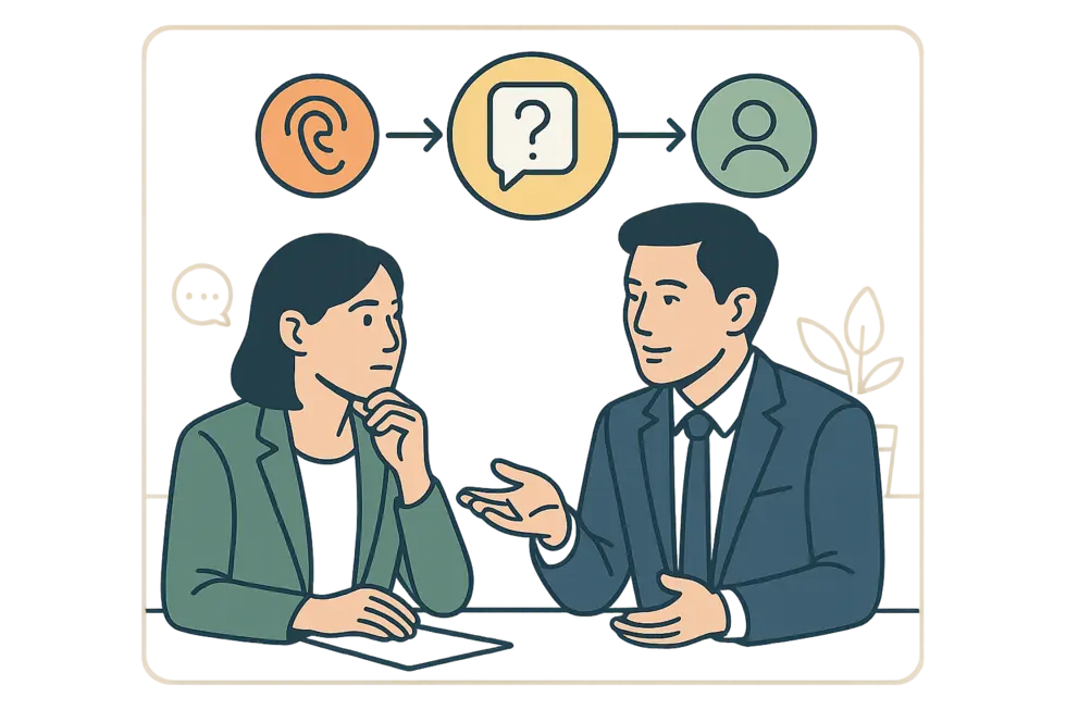 Một quản lý khai vấn đang dẫn dắt cuộc trò chuyện phát triển cùng đội nhóm.